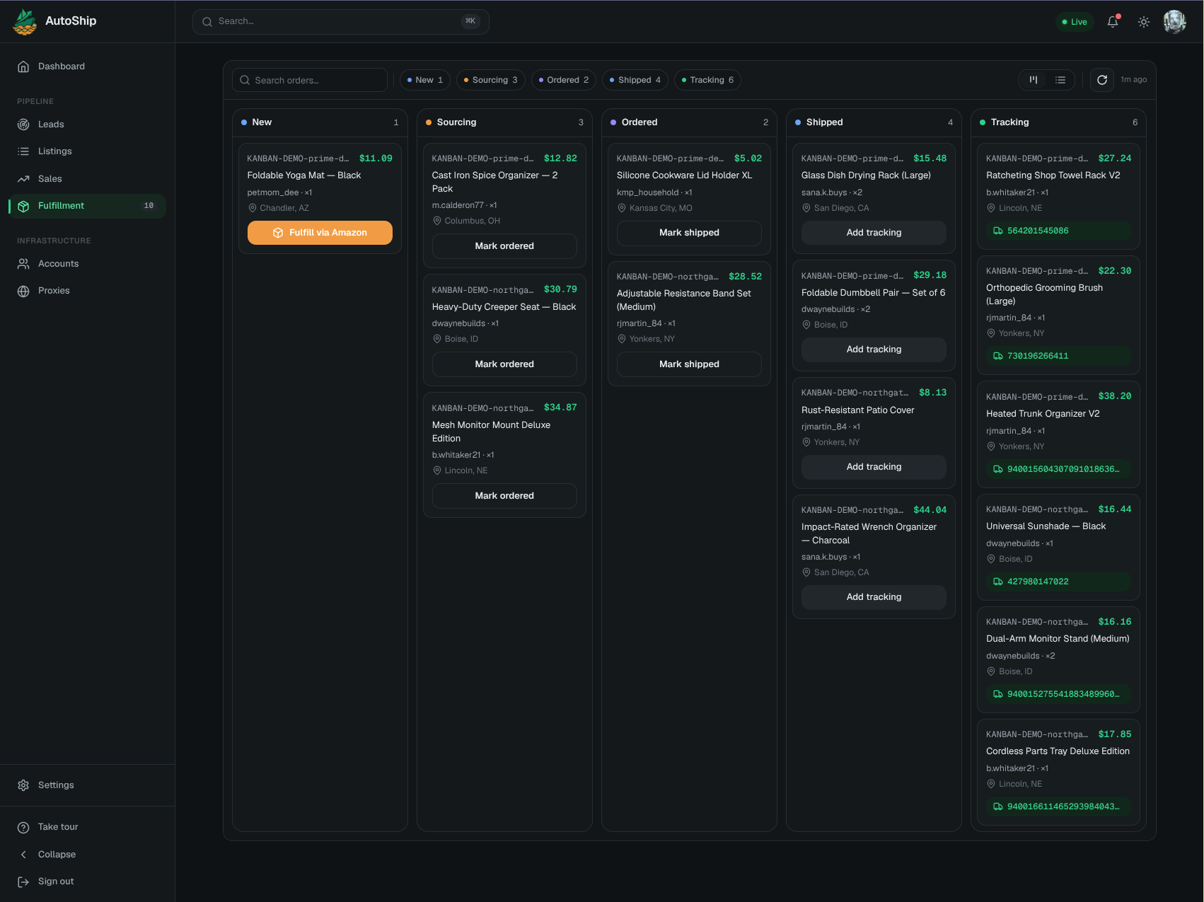 AutoShip fulfillment board with orders moving from sourcing through tracking