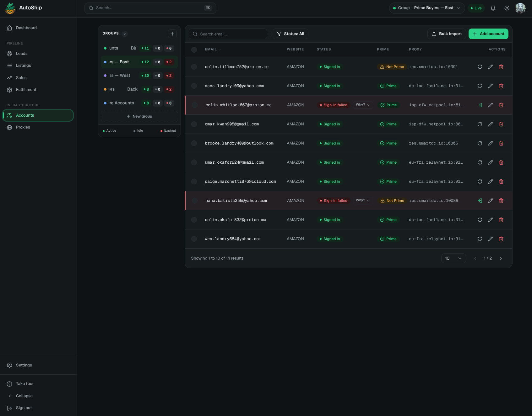 AutoShip Amazon retail accounts table with Prime, proxy, and sign-in status