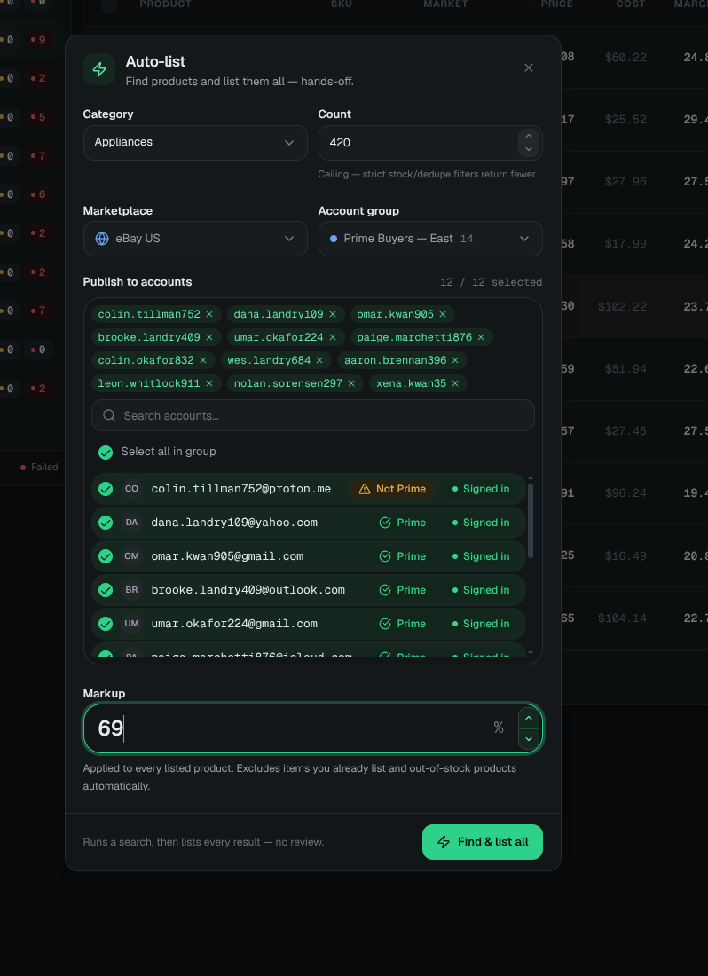 AutoShip Auto-list form with category, count, account group, retail accounts, and markup