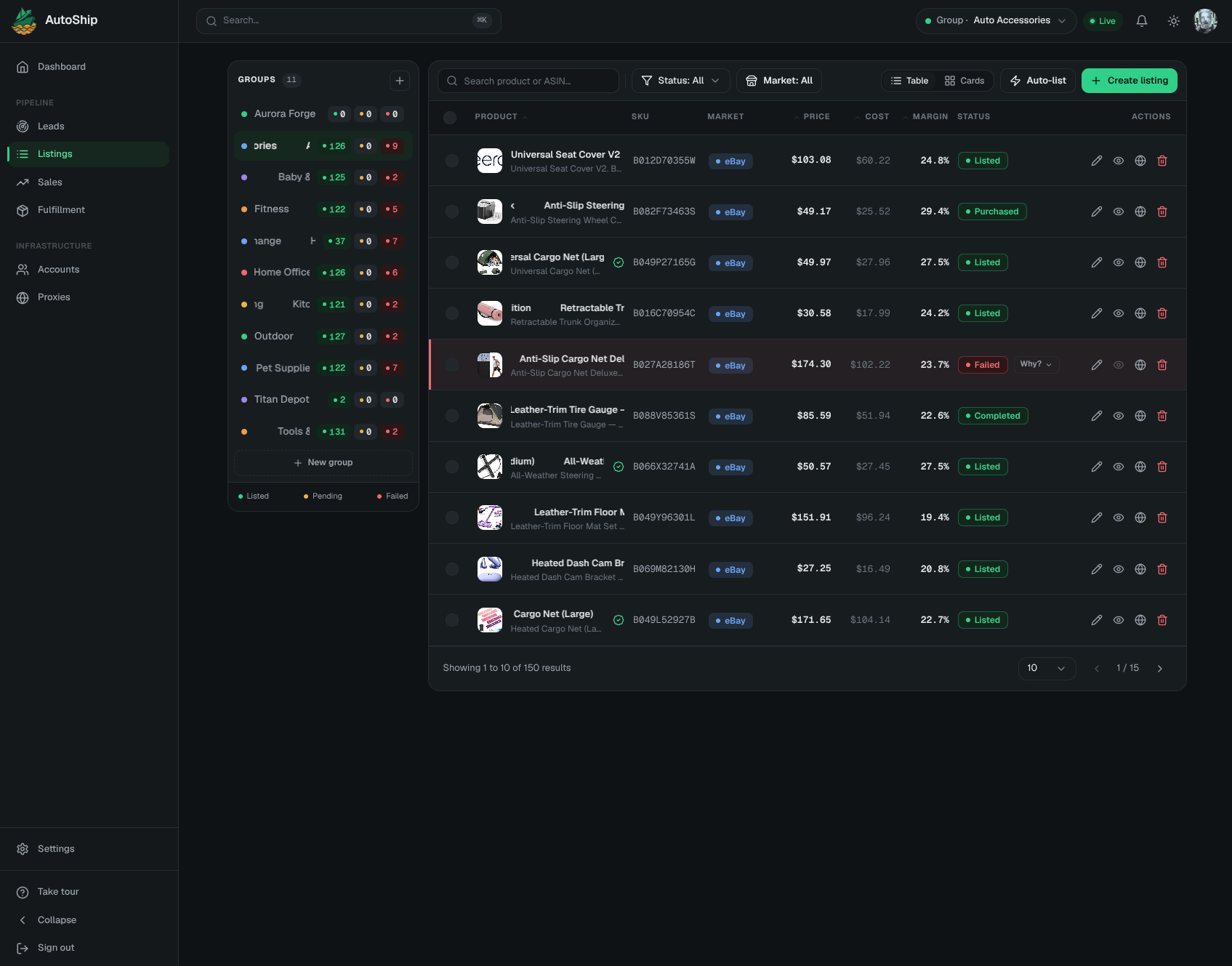 AutoShip listings table with product, source price, margin, and marketplace status